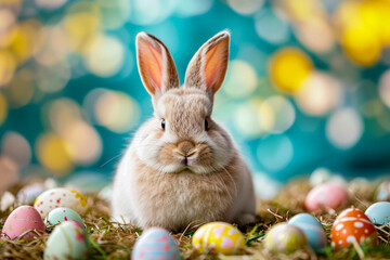 Poster - Cute little bunny sitting in bed of Easter eggs.