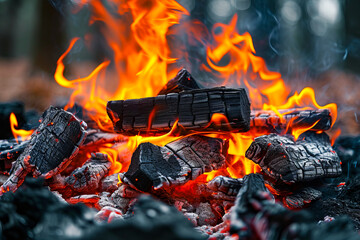 Canvas Print - Pile of black wood is on fire creating bright yellow and orange blaze.