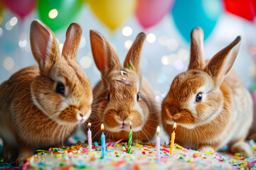 Wall Mural - Three rabbits with party hats on standing in front of birthday cake.