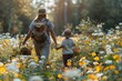 © ЮРИЙ ПОЗДНИКОВ - Mother and child enjoying a leisurely walk in a beautiful flower-filled meadow under the bright sun