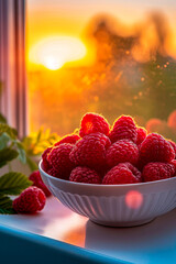 Canvas Print - Bowl full of red raspberries is sitting on windowsill at sunset with light shining on them.