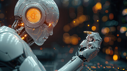 Poster - Artificial intelligence bot with a coin in his hand , blockchain background. Generative AI.