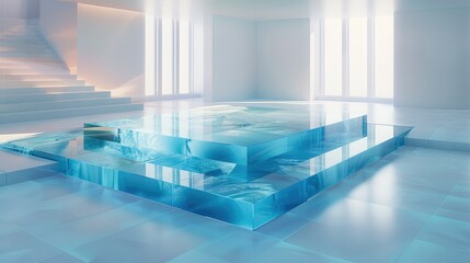 Poster - Isometric flooring, minimalist design style, blue frosted glass white acrylic material, white background, transparent technology sense. Generative AI.