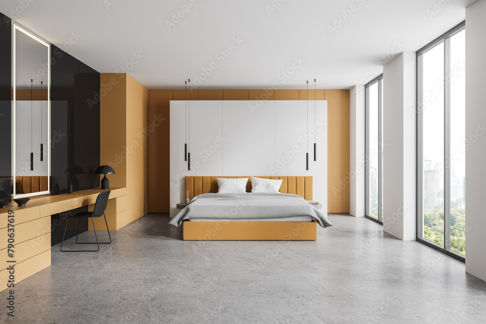 Modern bedroom interior with a large bed, floor-to-ceiling windows, and ...