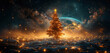 Christmas tree in space. In the background, the blue planet Earth and the black sky. Christmas.