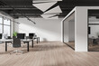 Office interior with coworking and glass conference room, panoramic window