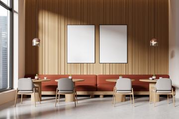 Sticker - Interior of a modern cafe with blank posters on the wall, wooden design elements, and minimalist furniture, concept of interior design. 3D Rendering