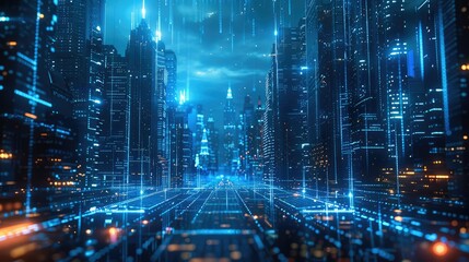 Aufkleber - Digital hologram of urban buildings, composed of data and code lines in blue color, floating on the digital grid background with glowing effects. Generative AI.