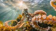 Charming leader octopus, stands out in a crowd underwater, sunlit waters highlight its beauty and individuality, underwater photography