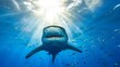 A leader shark, cute yet commanding, swims in sun-drenched blue waters, diverging from the group to highlight its unique identity