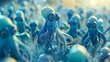 A leader emerges as a joyful squid navigates through a crowd of sameness, its adorable uniqueness lit by the sunny, blue underwater world