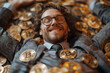 portrait of a successful happy rich millionaire man investor trader businessman in cryptocurrency lying on a pile of gold coins bitcoins