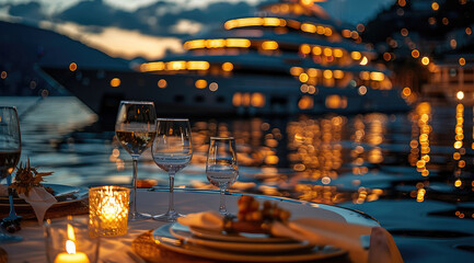 A romantic dinner night on a mega yacht parked in port. Generative AI.