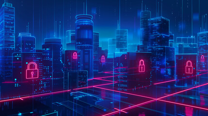 cybersecurity data protection in virtual cityscape. a virtual cityscape with glowing padlocks overla