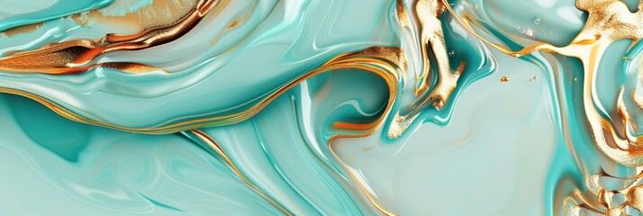 Poster - Luxury gold turquoise with gold liquid background , fluid splash, swirl on white. Close up glossy texture. Mix color liquid splashes