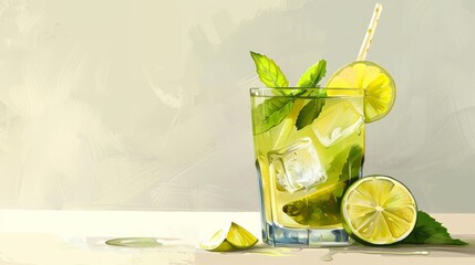 Poster - Glass of fresh sour and sweet mojito cocktail with lime and lemon slices and straw 