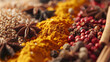 Background with spices  turmeric, star anise, barberry, allspice, cloves, paprika, hyperrealistic food photography
