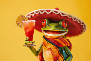 Sticker - a happy frog dressed in mexican sombrero hat holding a cocktail. Cinco de mayo celebration