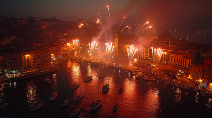 Wall Mural - Fireworks bursting and smoke in the air. Party, Event, Celebration, New Years Eve, 4th of July. Independence day.