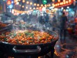 Tteokbokki at a street food festival, bright lights, and spicy delights, lively atmosphere