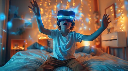 Aufkleber - A boy wearing virtual reality glasses jumps on the bed, surrounded by digital elements and holographic projections of various objects. Generative AI.