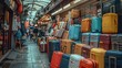A store selling luggage and backpacks, with rows of different colored suitcases lined up on the ground outside. Generative AI.