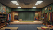 A drama classroom with a small stage, costume racks, and prop storage.