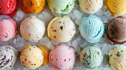 Poster - Variety of ice cream scoops up close Array of colorful ice cream flavors from above