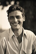 © Ricky - vintage photo of handsome smiling actor man wearing white shirt 1950s outdoor portrait in black and white