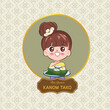 Label logo Kanom Thai dessert with Kanom Tako. Chibi cartoon doodle vector logo design.