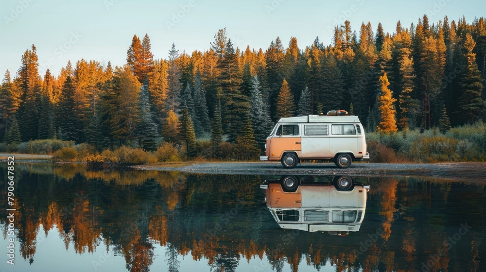 vintage camper van parked by a tranquil lake, reflecting the serene ...