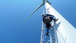 © Attasit - A wind turbine technician scaling a towering mast, inspecting and maintaining the blades that generate renewable energy