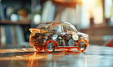 Fototapeta  - Glass piggy bank in the form of a car with different coins inside. Concept for renting, buying, leasing or insuring a car