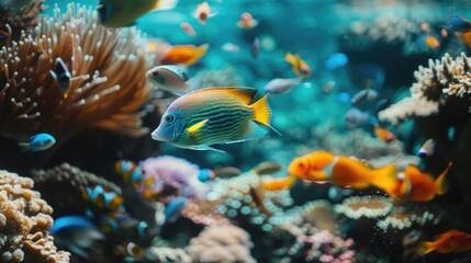 coral reef and fish, tropical sea underwater fishes on coral reef. aquarium, oceanarium colorful marine panorama landscape, nature snorkel diving