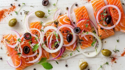 Poster - Salmon and white fish salad with onions and olives arrangement on a white wooden surface