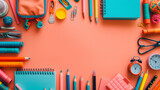 Fototapeta  - A vibrant collection of school supplies arranged neatly against a coral background, capturing the essence of organized academic preparation