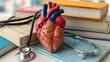 Heart model on a pile of medical textbooks, stethoscope beside