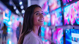 Fototapeta  - Young Female Shopper Having Conversation with Electronics Store Sales Rep. Stylish Lady Explores Sleek Flat-Screen TV Options. Customer Seeking Impressive Television Solutions in Retail Store.