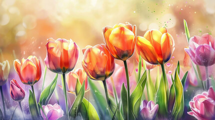  A painting depicting vibrant tulips standing tall in a colorful field of various flowers