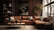 Interior of modern living room with brown leather sofa ,Luxury living room interior with furniture, interior of living room in classic style