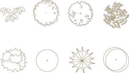 Vector sketch illustration of the design of trees and plants with branches seen from above to complete the architectural layout and site plan drawings