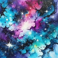 Wall Mural - Colorful abstract space background on watercolor Hand painted cosmos and stars