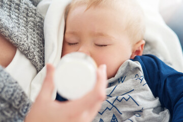 Poster - Mother, baby and feeding with maternity, home and love for child development and milk bottle. Mom, kid and sleeping with growth, motherhood and parenting with family house and bonding in bedroom