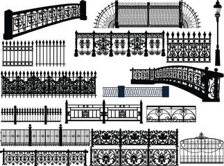 Wall Mural - street lamp and fence elements collection isolated on white