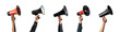© degungpranasiwi - Collection of hand holding a megaphone png isolated on a transparent background, warning, news, loud, advertisement concept