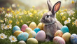 A little rabbit with Easter eggs on the background of a fresh, green spring landscape.