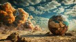 An old globe halfburied in irradiated desert sands, a mushroom cloud visible on its surface