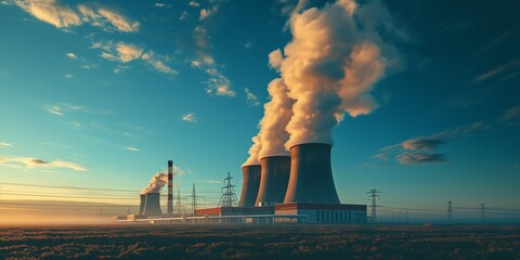 Wall Mural - arial drone top view shot of nuclear power plant with cooling towers chimney steaming with blue sky background