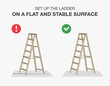 © flatvectors - Work safety rules. Set up the ladder on a flat and stable surface. Safe and unsafe ladder placement. Flat vector illustration template.