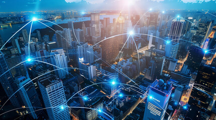 Wireless networks in a modern and futuristic city. Concept of online communication, connection and people's data traffic, telecommunications.
